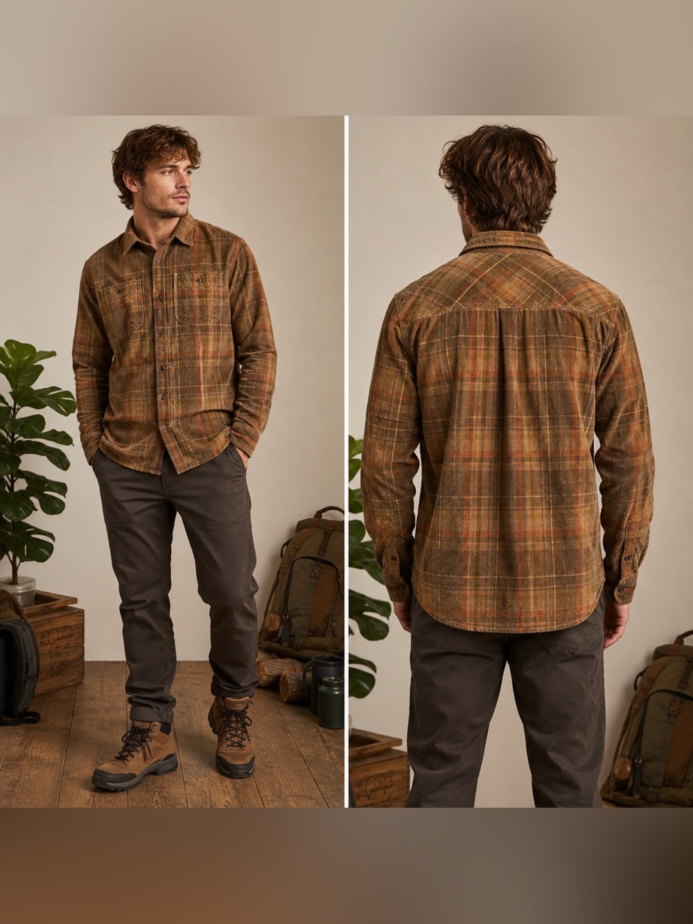 Prana Mens Large Corduroy Plaid Shirt Brown Organic Cotton Long Sleeve Hiking